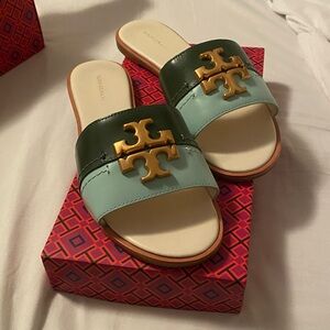Tory Burch Everly Slide summer Olive/Soft Aqua 9M - Worn once